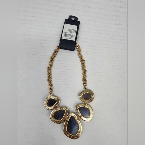 New Purple Agate Pounded Metal Statement Necklace 16 inch New - Picture 2 of 7